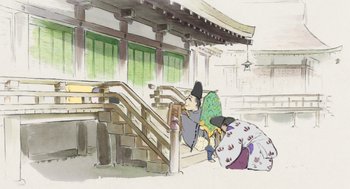 Movie still from “The Tale of The Princess Kaguya” (2013), directed by Isao Takahata – An illustration of a man sitting on the steps of a building; Extreme Wide shot, Low angle