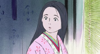 Movie still from “The Tale of The Princess Kaguya” (2013), directed by Isao Takahata – An animated picture of a young girl in a kimono; Close Up shot, High angle