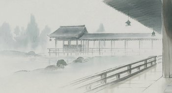 Movie still from “The Tale of The Princess Kaguya” (2013), directed by Isao Takahata – A painting of an asian palace in the fog; Extreme Wide shot, Low angle
