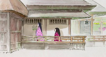Movie still from “The Tale of The Princess Kaguya” (2013), directed by Isao Takahata – Two women walking on a bridge holding flowers; Extreme Wide shot, Low angle
