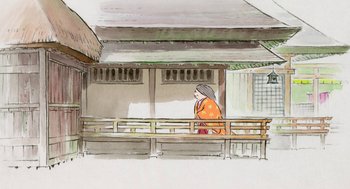 Movie still from “The Tale of The Princess Kaguya” (2013), directed by Isao Takahata – A woman in an orange robe walking on a porch; Extreme Wide shot, Low angle