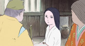 Movie still from “The Tale of The Princess Kaguya” (2013), directed by Isao Takahata – An animated picture of a girl in a white shirt; Close Up shot, Over the shoulder angle