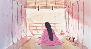 Movie still from “The Tale of The Princess Kaguya” (2013), directed by Isao Takahata – A woman sitting on the ground in a pink dress; Wide shot, Low angle