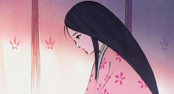 Movie still from “The Tale of The Princess Kaguya” (2013), directed by Isao Takahata – A woman with long black hair wearing a pink kimono; Close Up shot, Low angle