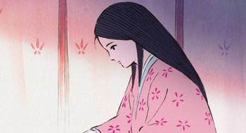 Movie still from “The Tale of The Princess Kaguya” (2013), directed by Isao Takahata – An illustration of a woman in a pink kimono; Close Up shot, Low angle