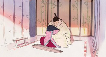 Movie still from “The Tale of The Princess Kaguya” (2013), directed by Isao Takahata – An illustration of a woman hugging another woman in front of a window; Medium shot, Low angle