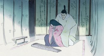 Movie still from “The Tale of The Princess Kaguya” (2013), directed by Isao Takahata – An illustration of a man and a woman sitting on the floor; Medium shot, Low angle