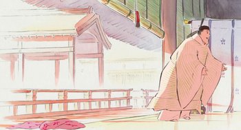 Movie still from “The Tale of The Princess Kaguya” (2013), directed by Isao Takahata – An artistic drawing of an asian city with buildings; Extreme Close Up shot, Low angle