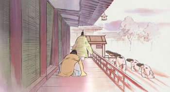 Movie still from “The Tale of The Princess Kaguya” (2013), directed by Isao Takahata – An illustration of a man kneeling down on a porch; Extreme Wide shot, Low angle