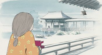Movie still from “The Tale of The Princess Kaguya” (2013), directed by Isao Takahata – A woman in a kimono is holding a cup; Extreme Wide shot, Over the shoulder angle