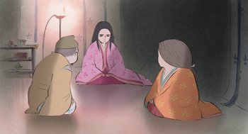 Movie still from “The Tale of The Princess Kaguya” (2013), directed by Isao Takahata – A group of people sitting on the ground; Medium shot, Over the shoulder angle