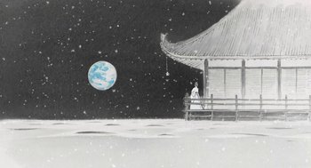 Movie still from “The Tale of The Princess Kaguya” (2013), directed by Isao Takahata – A person standing on the porch of a house in the snow at night; Extreme Wide shot, Low angle