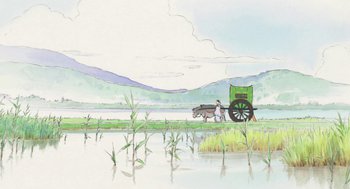 Movie still from “The Tale of The Princess Kaguya” (2013), directed by Isao Takahata – A man and a woman riding in a horse - drawn carriage; Extreme Wide shot, High angle