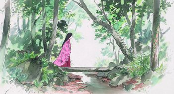 Movie still from “The Tale of The Princess Kaguya” (2013), directed by Isao Takahata – A painting of a woman standing on a bridge in the woods; Extreme Wide shot, Low angle