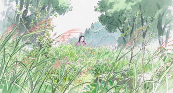 Movie still from “The Tale of The Princess Kaguya” (2013), directed by Isao Takahata – An illustration of a woman sitting in the grass; Extreme Wide shot, High angle