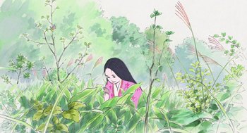Movie still from “The Tale of The Princess Kaguya” (2013), directed by Isao Takahata – A woman in a pink jacket is in the grass; Extreme Close Up shot, Low angle