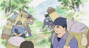 Movie still from “The Tale of The Princess Kaguya” (2013), directed by Isao Takahata – A group of people walking down a path; Wide shot, Low angle
