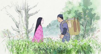 Movie still from “The Tale of The Princess Kaguya” (2013), directed by Isao Takahata – A man and a woman in a field; Wide shot, Low angle