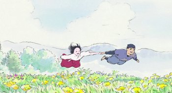 Movie still from “The Tale of The Princess Kaguya” (2013), directed by Isao Takahata – An illustration of two people flying through the air; Extreme Wide shot, High angle