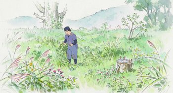 Movie still from “The Tale of The Princess Kaguya” (2013), directed by Isao Takahata – An illustration of a man standing in a field; Wide shot, High angle