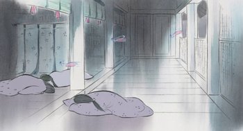 Movie still from “The Tale of The Princess Kaguya” (2013), directed by Isao Takahata – An illustration of a person lying on the floor; Extreme Wide shot, High angle