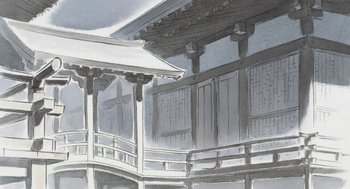 Movie still from “The Tale of The Princess Kaguya” (2013), directed by Isao Takahata – An artistic drawing of a building in the fog; Extreme Wide shot, Low angle