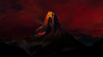 Movie still from “The Ten Commandments” (1956), directed by Cecil B. DeMille – A painting of a mountain in the middle of the night; Extreme Wide shot, Low angle