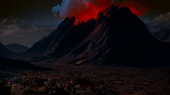 Movie still from “The Ten Commandments” (1956), directed by Cecil B. DeMille – A group of people standing on top of a hill; Extreme Wide shot, High angle