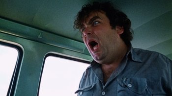 Movie still from “The Texas Chain Saw Massacre” (1974), directed by Tobe Hooper – A man with his mouth wide open in a vehicle; Close Up shot, Low angle