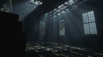 Movie still from “The Texas Chainsaw Massacre” (2003), directed by Marcus Nispel – Sunlight shining through the windows of a building; Extreme Wide shot, Low angle