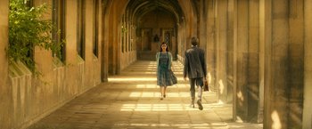 Movie still from “The Theory of Everything” (2014), directed by James Marsh – A man and a woman walking down an arched walkway; Wide shot, High angle