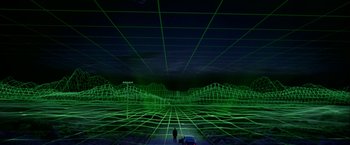 Movie still from “The Thirteenth Floor” (1999), directed by Josef Rusnak – A person standing in a room with a car; Extreme Wide shot, High angle