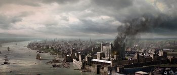 Movie still from “The Three Musketeers” (2011), directed by Paul W.S. Anderson – An image of a city with a lot of smoke coming out of it; Extreme Wide shot, High angle