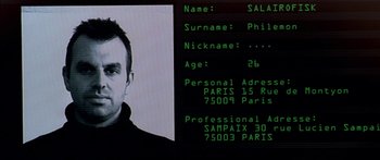 Movie still from “The Transporter” (2002), directed by Corey Yuen – A man's id card is displayed on a computer screen; Extreme Close Up shot, Low angle