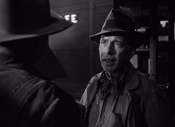 Movie still from “The Treasure of the Sierra Madre” (1948), directed by John Huston – A black and white photo of a man wearing a hat; Close Up shot, Over the shoulder angle