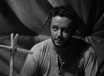 Movie still from “The Treasure of the Sierra Madre” (1948), directed by John Huston – Black and white photograph of a man with a beard; Close Up shot, High angle