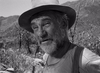 Movie still from “The Treasure of the Sierra Madre” (1948), directed by John Huston – An old man with a beard wearing a hat; Close Up shot, Low angle