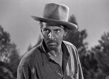 Movie still from “The Treasure of the Sierra Madre” (1948), directed by John Huston – A man with a hat and a beard; Close Up shot, Low angle