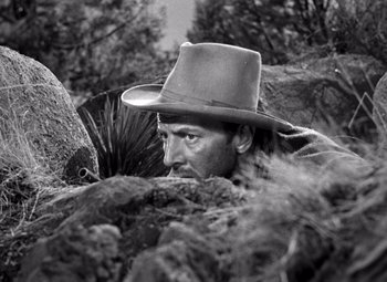 Movie still from “The Treasure of the Sierra Madre” (1948), directed by John Huston – A man with a hat and a beard is leaning against a rock; Close Up shot, Low angle