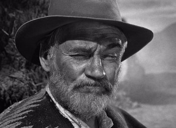 Movie still from “The Treasure of the Sierra Madre” (1948), directed by John Huston – An old man with a beard wearing a hat; Close Up shot, Low angle