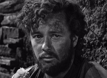 Movie still from “The Treasure of the Sierra Madre” (1948), directed by John Huston – Black and white photograph of a man with a beard; Close Up shot, Low angle