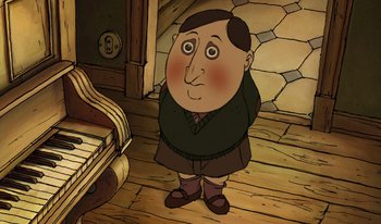 Movie still from “The Triplets of Belleville” (2003), directed by Sylvain Chomet – An animated character is standing in front of a piano; Medium shot, High angle