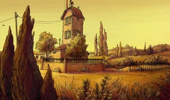 Movie still from “The Triplets of Belleville” (2003), directed by Sylvain Chomet – An illustration of a house in the middle of a field; Extreme Wide shot, Low angle