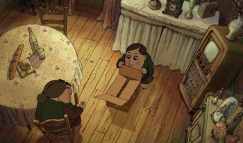 Movie still from “The Triplets of Belleville” (2003), directed by Sylvain Chomet – An animated picture of a boy sitting in a cardboard box; Wide shot, Overhead angle