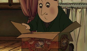 Movie still from “The Triplets of Belleville” (2003), directed by Sylvain Chomet – An animated picture of a man opening a box; Medium shot, High angle