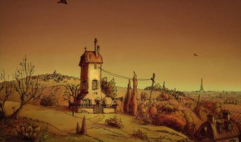 Movie still from “The Triplets of Belleville” (2003), directed by Sylvain Chomet – An artistic drawing of a house in the middle of a field; Extreme Wide shot, Low angle