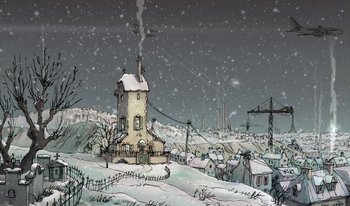 Movie still from “The Triplets of Belleville” (2003), directed by Sylvain Chomet – An illustration of a house in the middle of a snowy field; Extreme Wide shot, Low angle