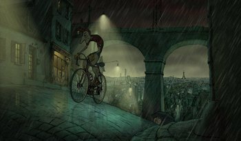 Movie still from “The Triplets of Belleville” (2003), directed by Sylvain Chomet – A man riding a bike down the side of a bridge; Extreme Wide shot, High angle