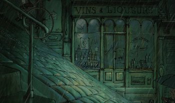 Movie still from “The Triplets of Belleville” (2003), directed by Sylvain Chomet – A painting of an old liquor store in the rain; Extreme Wide shot, High angle