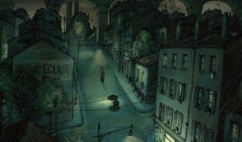 Movie still from “The Triplets of Belleville” (2003), directed by Sylvain Chomet – An artistic drawing of a street with a person riding a bike on the sidewalk; Extreme Wide shot, Overhead angle